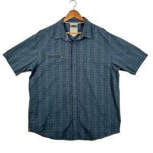 REI Mens Size XL Shirt Short Sleeve Button Front Blue Plaid Y2K Embroidered Sun